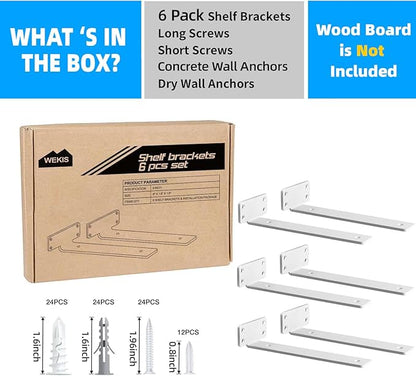 6 Inch Floating Shelf Brackets White, Hidden Invisible L Shelves Brackets, 1/5 Inch Heavy Duty Metal Industrial White Shelf Bracket Hardware Supports, 6 Pack Brackets for Wood Shelves