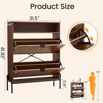 Fluted Shoe Cabinet with 2 Flip Drawers, Narrow Shoes Storage Organizer Rack with Circle Design Panel for Entryway Hallway (Walnut)