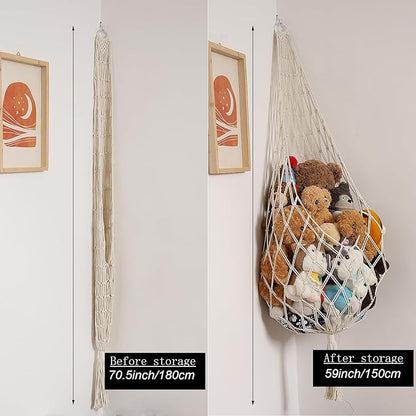 Stuffed Animal Storage Organizers Toy Hammock Corner Hanging Net Stuffy Animal Hammock Macrame Toy Display Plush Toy Holder Wall, Kid Bedroom Decor Boho Nursery Playroom Organizer (Cream XL)