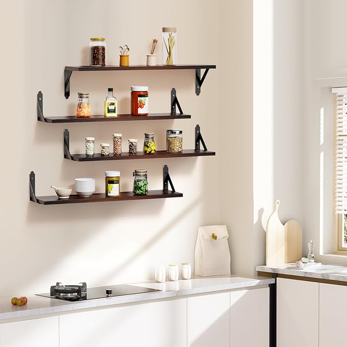 Wood Floating Shelves Set of 4, Rustic Storage Decor Wall Shelves, Wall Mounted Shelf for Living Room, Bedroom 23.6" x 6", Brown