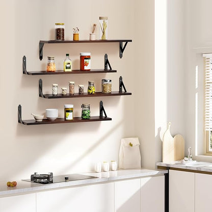 Wood Floating Shelves Set of 4, Rustic Storage Decor Wall Shelves, Wall Mounted Shelf for Living Room, Bedroom 23.6" x 6", Brown