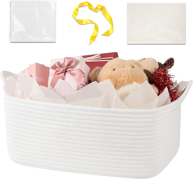 Basket for Gifts Empty, Woven Storage Basket with Gift Bag, Ribbon and Wrap Tissue Paper, Small Rope Toy Storage with Handles for Baby Shower, Dog Toy Organizer, 15.5" x 11.4" x 6.7"