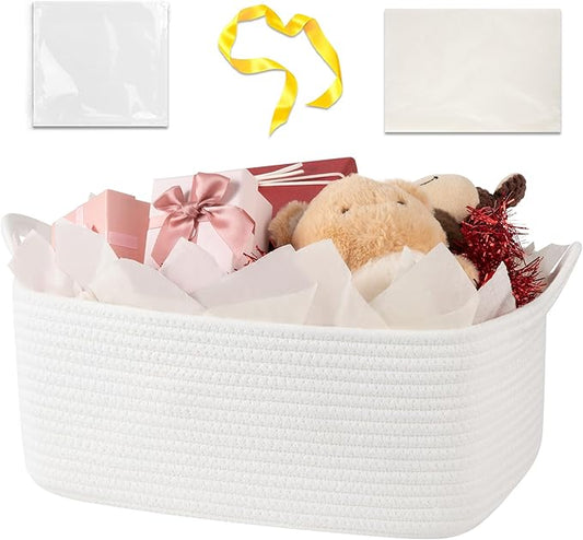 Basket for Gifts Empty, Woven Storage Basket with Gift Bag, Ribbon and Wrap Tissue Paper, Small Rope Toy Storage with Handles for Baby Shower, Dog Toy Organizer, 15.5" x 11.4" x 6.7"