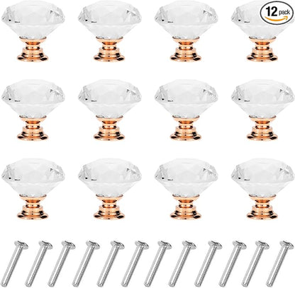 YourGift 12 Pack Drawer Knobs Diamond Shaped Crystal Glass 30mm Cabinet Knobs Pull Handles (Rose Gold)