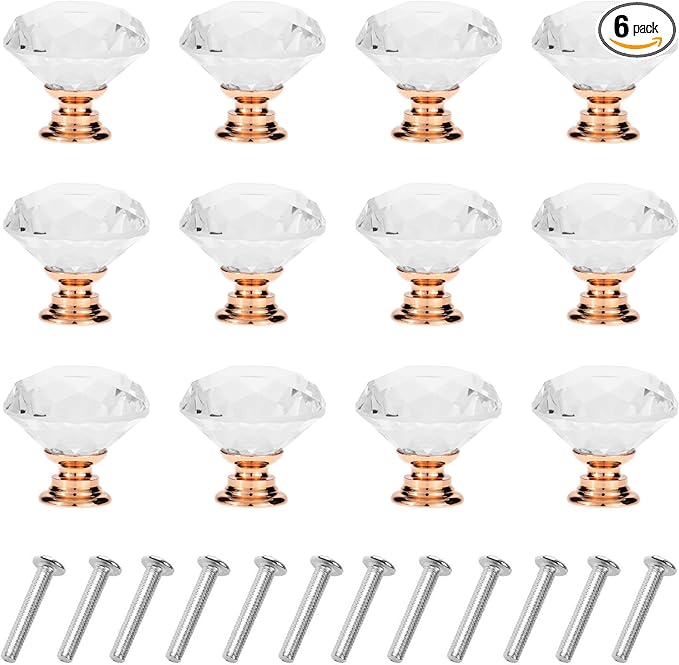YourGift 6 Pack Drawer Knobs Diamond Shaped Crystal Glass 30mm Cabinet Knobs Pull Handles (30mm, 6 Pack, Rose Gold)