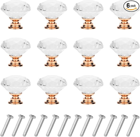 YourGift 6 Pack Drawer Knobs Diamond Shaped Crystal Glass 30mm Cabinet Knobs Pull Handles (30mm, 6 Pack, Rose Gold)