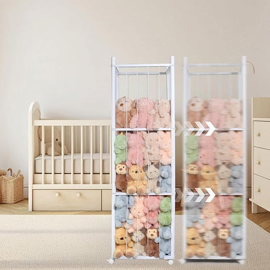 Stuffed Animal Storage Kids, Wood Stuffed Animal Zoo Storage with Brake Wheels, Stuffed Animal Organizer with Elastic Cords for Kids, Perfect for Nursery Playroom Kidroom Bedroom - White