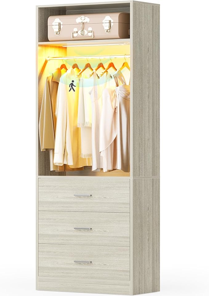 2FT Closet System with 3CCT Sensor Light, 24" Closet Organizer with 3 Wooden Drawers, Closet Systems with Hanging Rod & Top Storage, Small Closets Wardrobe for Walk-in Closets, White Oak