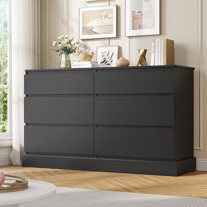 DICTAC 6 Drawers Dresser for Bedroom, Black Modern Chest of Drawers, Storage Tower Clothes Organizer Closet, Long Double Dresser with No Handle Drawers, Dimensions 51.6''L x 15.7''D x 29.3''H