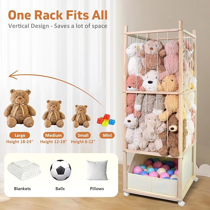 Stuffed Animal Storage with Tiny Toys Tray, Wood Stuffed Animal Zoo Storage with Brake Wheels, Space-Saving Plushie Playhouse for Nursery, Playroom, Kids Bedroom- Easy Assembly