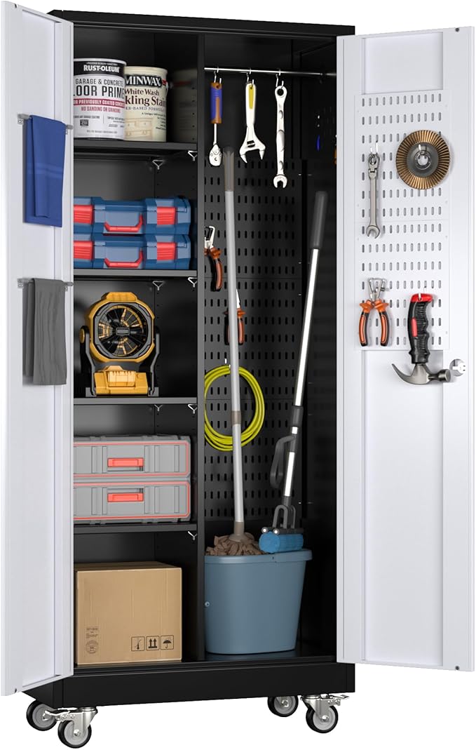 Metal Broom Closet Storage Cabinet, Garage Storage Cabinet with Wheels, Pegboard, Lockable Doors, 4 Adjustable Shelves for Garage, Home, Black and White, 71" H x 31.5" W x15.75 D
