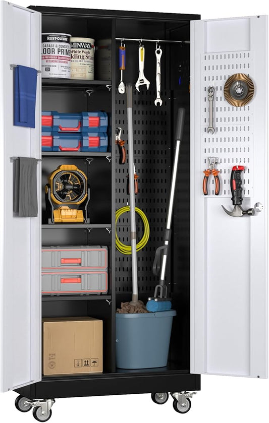 Metal Broom Closet Storage Cabinet, Garage Storage Cabinet with Wheels, Pegboard, Lockable Doors, 4 Adjustable Shelves for Garage, Home, Black and White, 71" H x 31.5" W x15.75 D