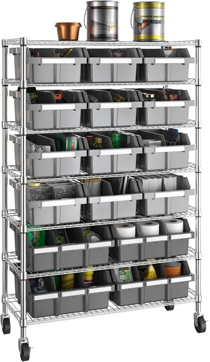 Seville Classics Heavy Duty NSF Bin Rack Solid Steel Wire Shelving Storage Unit, Patented Organizer for Garage, Warehouse, Office, Restaurant, Classroom, Kitchen, Gray, Includes 16 Bins