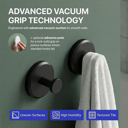 HOME SO Suction Cup Hooks for Shower & Bathroom Towel Holder 2-Pack – Suction Cups Hooks for Hanging Towels, Robes, & Coats - Tiles, Glass Door or Mirror – Shower Hooks & Towel Hooks Organizer - Black