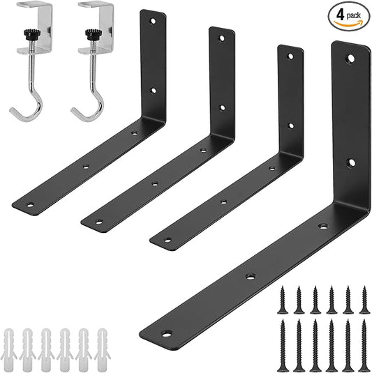 L Floating Shelf Brackets,4 Pack Heavy Duty L Brackets for Shelves, L 10" X H 6" Black Metal Countertop Support Brackets,Wall Mounting for Wood