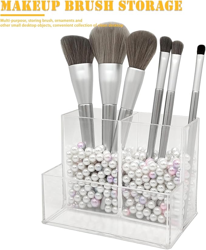 Clear Acrylic Makeup Brush Organizer,Multi-Purpose Cosmetic Brushes Storage Holder with 3 Slots,Pencil Pen Holder for Desk,Desk Organizer and Accessories for Vanity