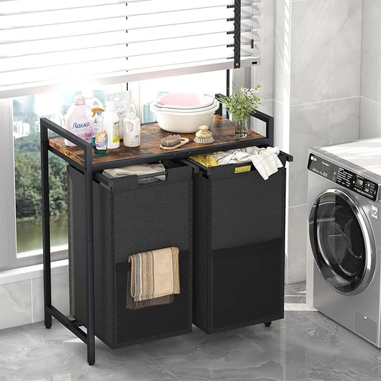Laundry Hamper, double Laundry Basket, Laundry Sorter with Top Shelf & 2 Removable Washable Bags & Side Pockets for Laundry Room organization, Bathroom and Dorm, Rustic Brown and Black