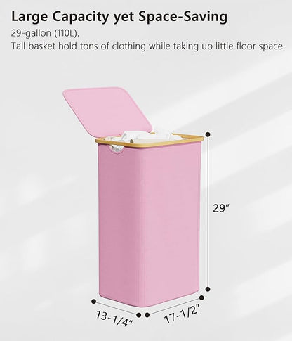 SUOCO Laundry Hamper with Lid, 29 Gal (110L) Clothes Basket with Bamboo Handles, Large Foldable Laundry Hamper for Bedroom, Bathroom, Dorm, Laundry Room - Pink