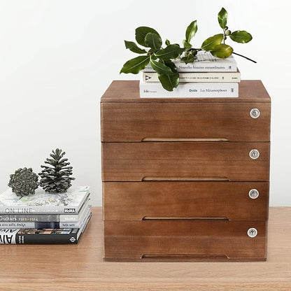 4 Drawers Wood Storage Box, Flat File Cabinet, Storage Cabinet Organizer with Lockable Drawers, Office Supplies File Organizer, Art Storage Cabinets, Multipurpose Tool Box for Home Office (Walnut)