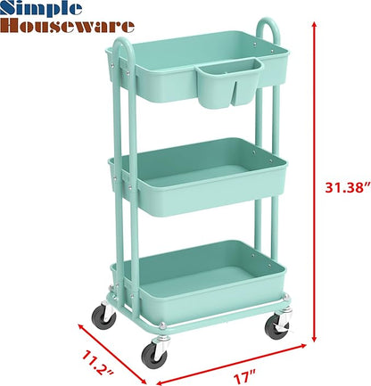 Simple Houseware 3-Tier Multifunctional Rolling Utility Cart with Hanging Bucket, Turquoise