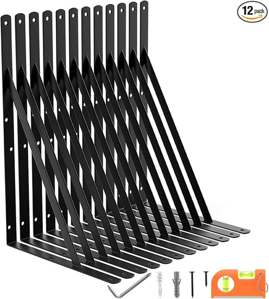 12-Pack 18 Inch Heavy Duty Shelf Brackets, Large Floating Wall Bracket for Garage Storage Shelves, Black Powder-Coated Finish, Load Capacity 800lbs