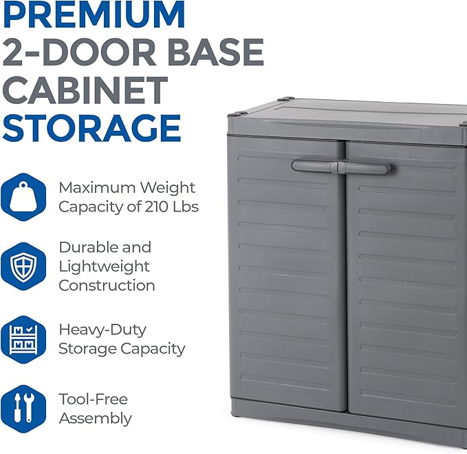 Gracious Living 2-Shelf Base Cabinet, MaxIt Lockable Utility Storage with Adjustable Shelves for Garage, Basement, Workshop, Grey - Small