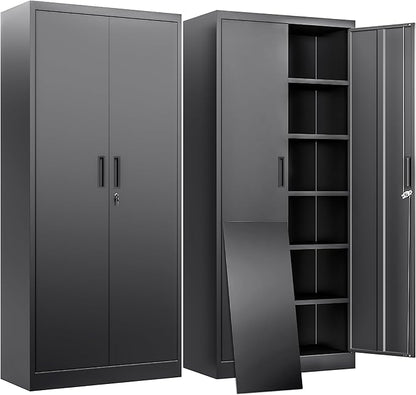 BESFUR Metal Storage Cabinet with 2 Doors and 5 Adjustable Shelves Garage Storage Cabinet with Lock 71" Office Storage Cabinets Locking Cabinets for Garage Office Shop Home (Black)