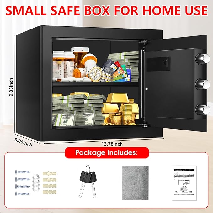 1.2 Cuft Small Home Safe Fire and Waterproof, Anti-theft Fireproof Safe Box with Digital Keypad, Spare Keys and Removable Shelf, Personal Safes for Home Money Medicine Valuables