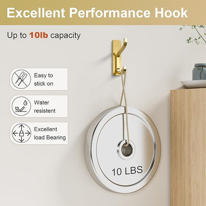 pickpiff Adhesive Wall Coat Hooks - Heavy Duty Stick-On Door Hanger, Metal Hook for Hanging Towel,Purse, Robe, Backpack, Jacket, Clothes - for Bathroom,Dorm, Closet, Kitchen - Gold, 6 Pack