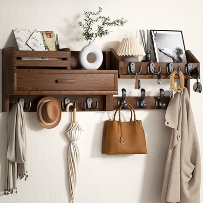 Wall Mounted Coat Rack with Shelf & Drawer, Heavy Duty Solid Wood Entryway Organizer, 29’’ Coat Rack Wall Mount with 12 Metal Hooks, Key & Mail Holder for Living Room, Bedroom