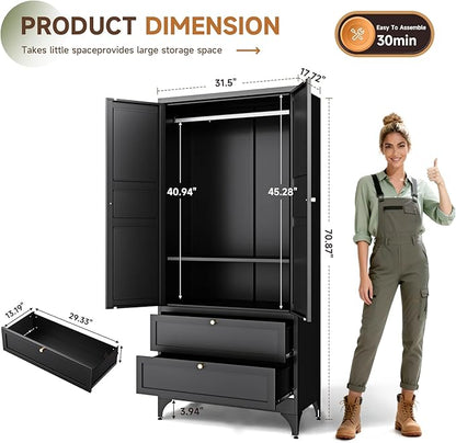 Letaya Metal Wardrobe Cabinets with 2 Drawers,71" Tall Armoire Wardrobe Closet with Doors and Shelves,Large Coat Closet Cabinet with Hanging Rod,Clothing Storage Cabinets for Bedroom,Home Office