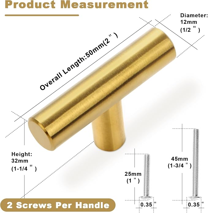 Estmoon 30 Pack Brushed Brass Cabinet Knobs Gold Drawer Pulls Stainless Steel Brushed Gold Dresser Knobs for Cabinets Cupboard Bathroom Kitchen Hardware, Single Hole T Bar Pulls, 2in Overall Length