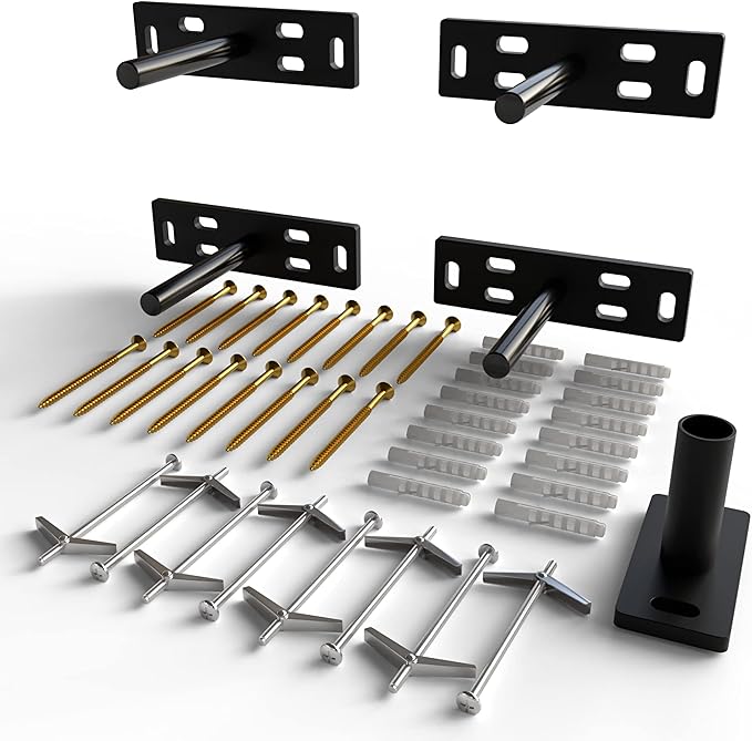 Set of 4 Floating Shelf Brackets Heavy Duty (1/4 inch Thick Baseplate) Painted Black Mild Steel/Bracket for Hidden Wall Shelves Support Hardware Mount Kitchen/Nursery Decor (4 inch Rods)