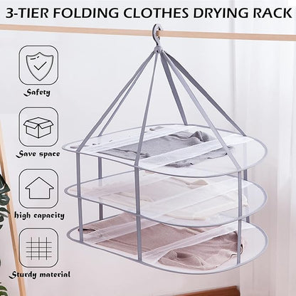 3 Tier Folding Mesh Clothes Drying Rack, Stackable Sweater Drying Rack with Internal Fixation, Portable Hanging Laundry Rack for T-Shirt,Swimsuit,Sweater,Delicates (2 Pack)
