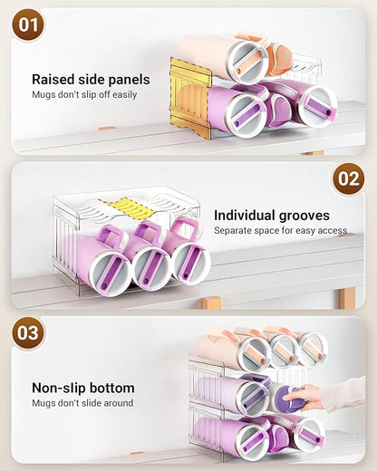 Water Bottle Organizer Holder for Stanley Cup Accessories, Fridge Kitchen Cabinet Organizer and Storage for Meoky 40 oz Tumbler with Handle, Stackable Plastic Travel Mug Cup Rack Gifts, 3Pack