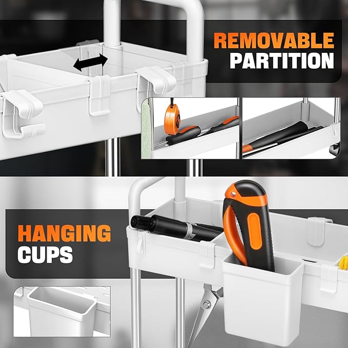 Auto Dynasty 3 Tier Slim Rolling Cart with Handle, Multifunction Utility Storage Rolling Cart, Movable Storage Organizer with Wheels for Office, Bathroom, Kitchen, Narrow Places (White)