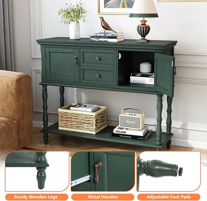 ARTPOWER Console Table with 2 Drawers, Retro Entryway Table with 2 Door Cabinets and Open Storage Shelf, Narrow Long Behind Couch Sofa Table for Living Room, Foyer, Hallway, Green