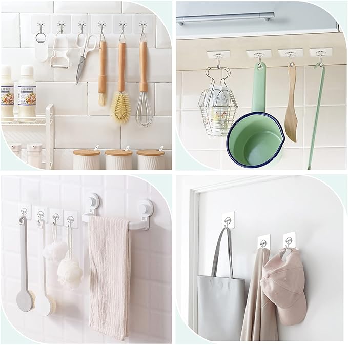 Wall Hooks for Hanging, Clear Removable Window Hooks 13 lb Stainless Steel Stick on Hooks Waterproof Self Adhesive Hooks for Shower Door Ceiling Kitchen Cabinet 10 Pack