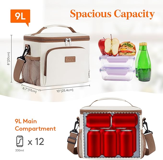 Lifewit Reusable Insulated Lunch Bag, Portable Cooler Freezable Soft Lunchbox Leakproof with Adjustable Shoulder Strap for Men Women Adult for Work Picnic or Travel, 9L 12 Can, Cream