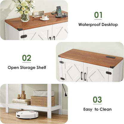 Entryway Console Table with Power Outlets and USB Port, Coffee Bar Cabinet with Doors, Farmhouse Kitchen Cabinets Sofa Table with Storage for Hallway, Foyer, Living Room, Deep Walnut Panel
