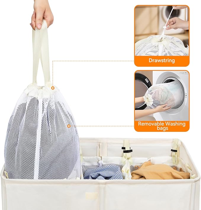 WOWLIVE Laundry Hamper with Lid,180L Large Laundry Basket 3 Section with Removable Washing Bags,Collapsible Waterproof Dirty Clothes Hamper for Laundry Room Bathroom Dorm,Beige