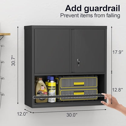 GREATMEET 31" H Metal Garage Storage Cabinets with Doors and Shelves, Lockable Storage Cabinet with Lock, Black Hanging Cabinets for Wall, Wall Mount Cabinet for Utility Room