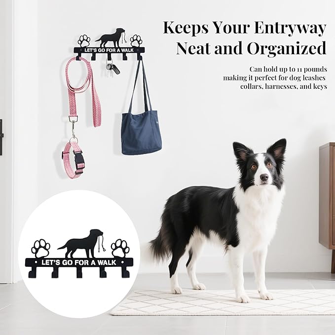 5-Hook Heavy Duty Dog Leash Holder for Wall, Metal Rust Proof Pet Leash Organizer & Key Holder, Screw Mount No Adhesive Hanger for Leashes, Keys, Collars - Entryway, Garage, Mudroom Storage