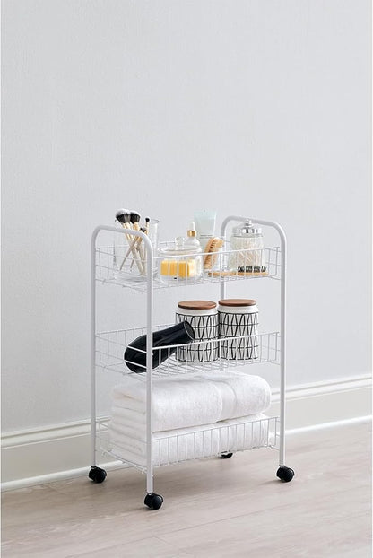 Rubbermaid 3-Tier Shelving Wheeled Organizer, Wire Adjustable Metal Storage Cart, for Office/Kitchen/Bedroom/Laundry Home Use, White