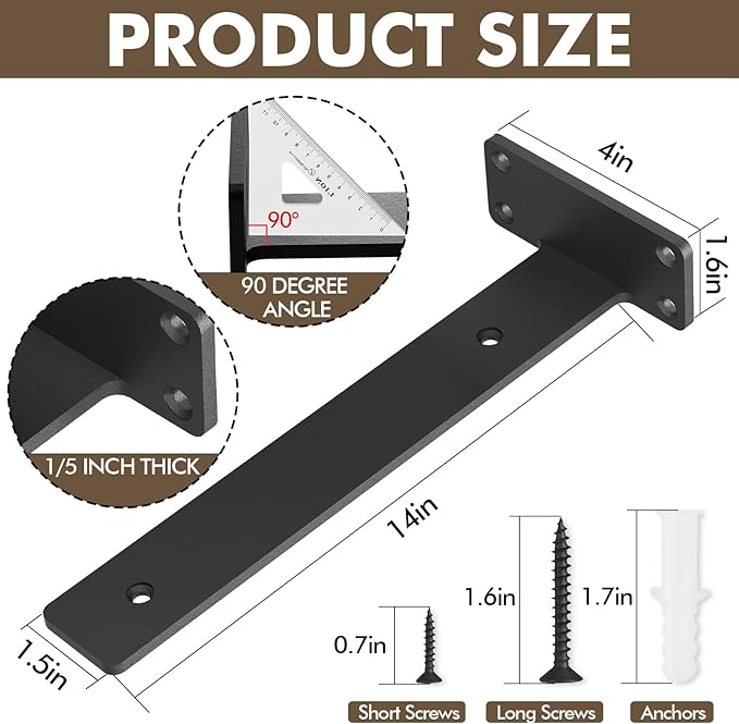 Heavy Duty Shelf Bracket 4 Pack, Floating Shelf Brackets 14 inch Long, Brackets for Shelves, Black Coated Metal Wall Shelf Support Brackets（1/5"-Thick）