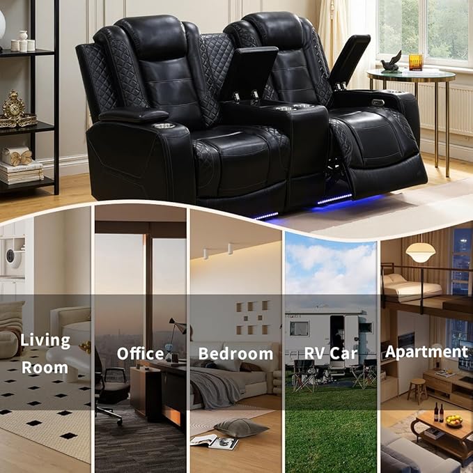 Power Recliner Loveseat Set, Living Room Furniture Sets, 2 Seated Loveseat Modern Reclining Couches, Black Leather Reclining Couch Sets with Storage Console/Cup Holder for Living Room/Apt