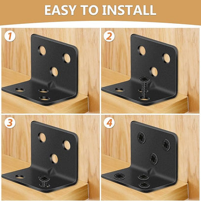 25Pcs L Brackets for Shelves, 3 Sizes Angle Corner Braces Metal L Bracket Heavy Duty for Wood, Sturdy and Rustproof for Repairing Furniture with 82Pcs Screws Mounting Bracket Easily Black