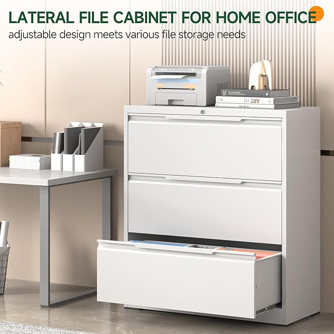 Lateral File Cabinet, 3 Drawer Lateral File Cabinet with Lock, Metal Filing Cabinets for Home Office, White Wide Deep Drawer for Hanging Files Letter/Legal/A4/F4 Size, Printer Stand, Assembly Required