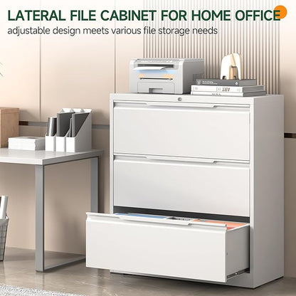 Lateral File Cabinet, 3 Drawer Lateral File Cabinet with Lock, Metal Filing Cabinets for Home Office, White Wide Deep Drawer for Hanging Files Letter/Legal/A4/F4 Size, Printer Stand, Assembly Required
