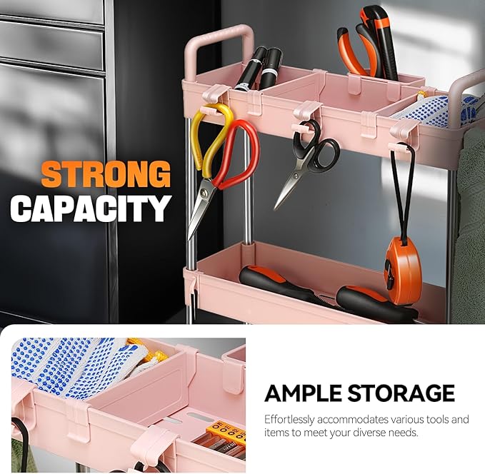 Auto Dynasty 3 Tier Slim Rolling Cart with Handle, Multifunction Utility Storage Rolling Cart, Movable Storage Organizer with Wheels for Office, Bathroom, Kitchen, Narrow Places (Pink)